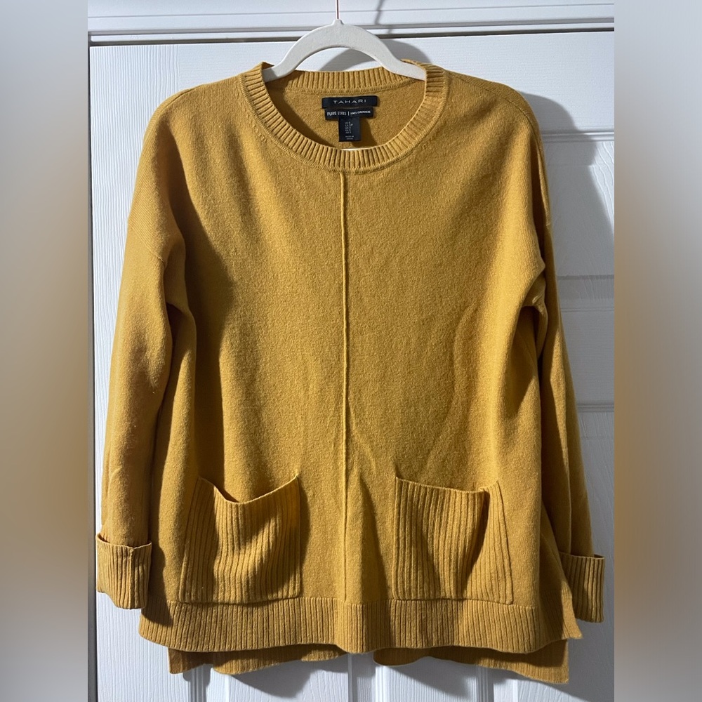 Tahari Luxe Cashmere Crew Neck Sweater Mustard S Wm